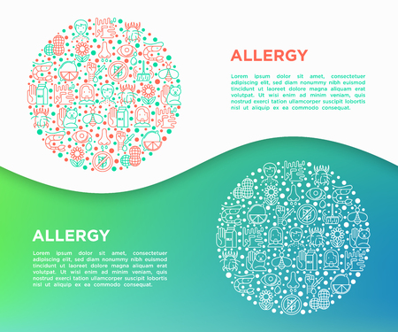 Allergy concept in circle with thin line icons: runny nose, dust, streaming eyes, lactose intolerance, citrus, seafood,gluten free, allergy test, edema. Vector illustration, print media template.のイラスト素材