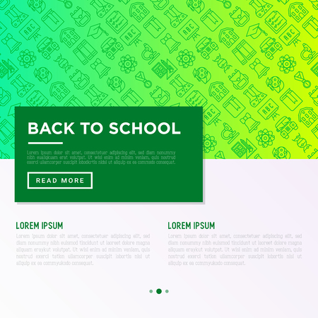 Back to school concept with thin line icons: backpack, bell, book, microscope, knowledge, owl, graduation cap, bus, chemistry, mathematics, biology, exam. Modern vector illustration.のイラスト素材
