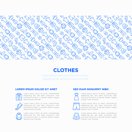 Clothing concept with thin line icons set: shirt, shoes, pants, hoodie, sneakers, shorts, underwear, dress, skirt, jacket, coat, socks. Modern vector illustration, print media template.のイラスト素材
