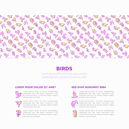 Birds concept with thin line icons set: dove, owl, penguin, sparrow, swallow, kiwi, parrot, eagle, humming bird, pink flamingo. Modern vector illustration, print media template.のイラスト素材