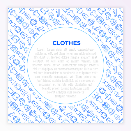 Clothing concept with thin line icons set: shirt, shoes, pants, hoodie, sneakers, shorts, underwear, dress, skirt, jacket, coat, socks. Modern vector illustration, print media template.のイラスト素材