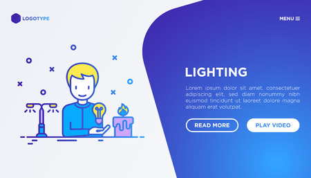 Lighting concept: man starting to use light bulb instead of candle. Thin line icons. Vector illustration, web page template.のイラスト素材