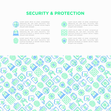 Security and protection concept with thin line icons: fingerprint, firewall, face ID,  surveillance camera, keyset, shredder, bank safe, encrypted messaging. Vector illustration, print media template.のイラスト素材