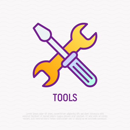 Tools: crossed wrench and screwdriver thin line icon. Modern vector illustration.のイラスト素材