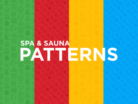 Four different spa & sauna seamless patterns with thin line icons: massage oil, towels, steam room, shower, soap, pail and ladle, hygrometer, herbal tea, birch, whisk, facial mask. Vector illustrationのイラスト素材