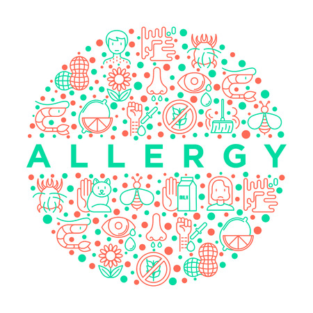 Allergy concept in circle with thin line icons: runny nose, dust, streaming eyes, lactose intolerance, citrus, seafood, gluten free, dust mite, allergy test, edema. Vector illustration.のイラスト素材