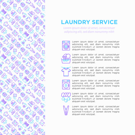 Laundry service concept with thin line icons: washing machine, spin cycle, drying machine, fabric softener, iron, handwash, steaming, ozonation, clothepin. Vector illustration, print media template.のイラスト素材