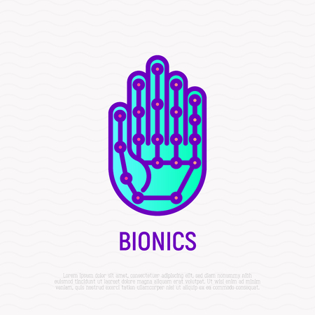 Bionics thin line icon: robotic hand. Modern vector illustration.のイラスト素材