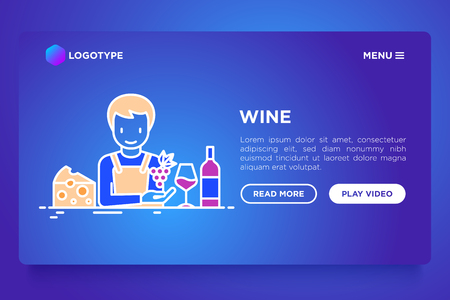 Wine concept: winemaker with thin line icons, wine glass, grapes, cheese. Modern vector illustration, web page template on gradient background.のイラスト素材