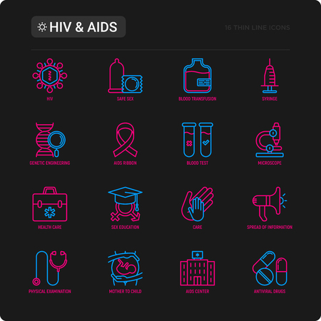 HIV and AIDs thin line icons set: safe sex, blood transfusion, syringe, antiviral drugs, physical examination, AIDs ribbon, blood test, microscope, genetic engineering. Modern vector illustration.のイラスト素材