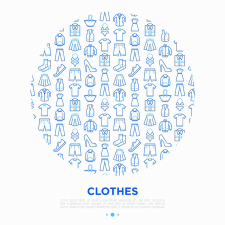 Clothing concept with thin line icons: shirt, shoes, pants, hoodie, sneakers, shorts, underwear, dress, skirt, jacket, coat, socks. Modern vector illustration for print media, banner.のイラスト素材