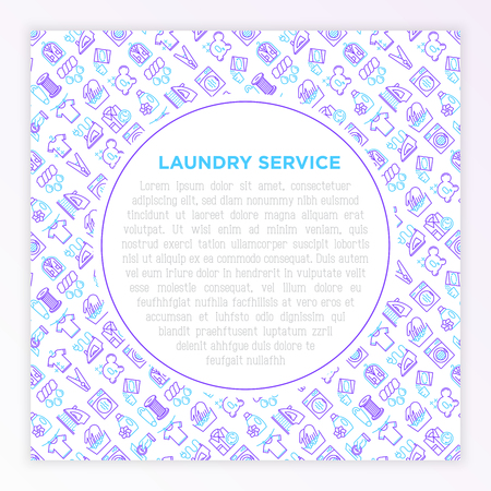 Laundry service concept with thin line icons: washing machine, spin cycle, drying machine, fabric softener, iron, handwash, steaming, ozonation, clothepin. Vector illustration, print media template.のイラスト素材