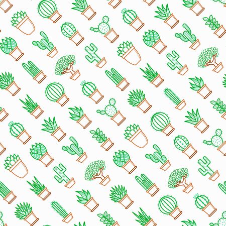 Cactus and succelents in pots seamless pattern with thin line icons. Modern vector illustration for shop of plants.のイラスト素材
