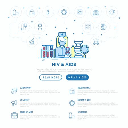 HIV and AIDs concept: doctor with blood test. Thin line icons: safe sex, blood transfusion, antiviral drugs, physical examination, ribbon. Vector illustration, web page template.のイラスト素材