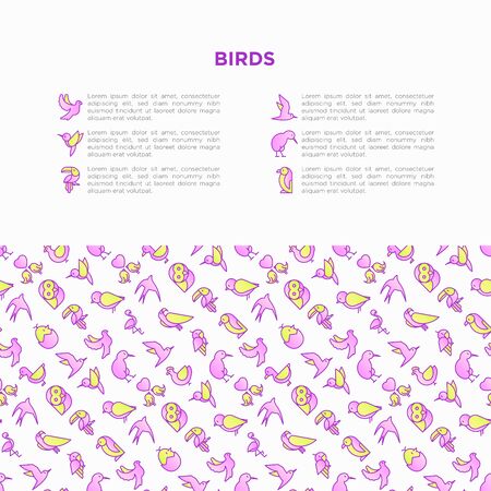 Birds concept with thin line icons set: dove, owl, penguin, sparrow, swallow, kiwi, parrot, eagle, humming bird, pink flamingo. Modern vector illustration, print media template.のイラスト素材
