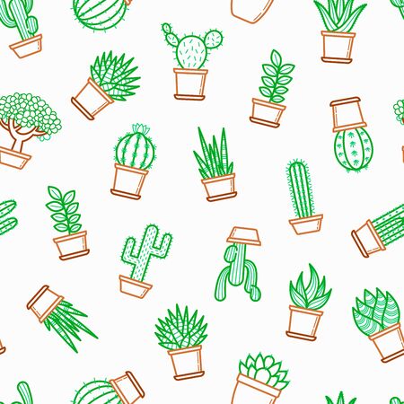 Cactus and succelents in pots seamless pattern with thin line icons. Modern vector illustration for shop of plants.のイラスト素材
