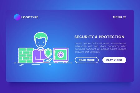 Security and protection concept with thin line icons: bank safe, firewall, antivirus. Vector illustration, web page template on gradient background.のイラスト素材