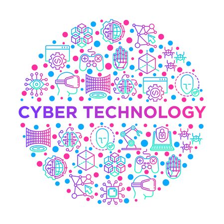 Cyber technology concept in circle with thin line icons: ai, virtual reality glasses, bionics, robotics, global network, computer game, microprocessor. Vector illustration, print media template.のイラスト素材