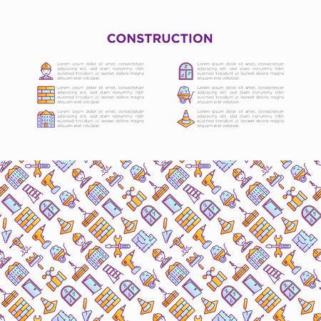 Construction concept with thin line icons: builder in helmet, work tools, brickwork, floor plan, plumbing, drill, trowel, traffic cone, stepladder, jackhammer. Vector illustration, web page template.のイラスト素材