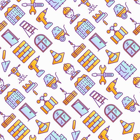 Construction seamless pattern with thin line icons: builder in helmet, work tools, brickwork, floor plan, plumbing, drill, trowel, traffic cone, stepladder, jackhammer. Vector illustration.のイラスト素材