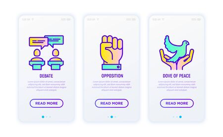 Election and voting thin line icons set: debate, opposition, dove in hands, symbol of peace. Vector illustration.のイラスト素材