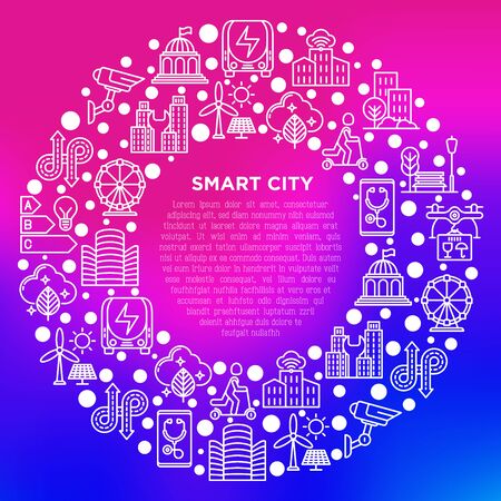 Smart city concept in circle with thin line icons: green energy, intelligent urbanism, efficient mobility, electric transport, balanced traffic, CCTV. Vector illustration, print media template.のイラスト素材