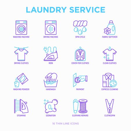 Laundry service thin line icons set: washing machine, spin cycle, drying machine, fabric softener, iron, handwash, washing powder, steaming, ozonation, repair, clothepin. Modern vector illustration.のイラスト素材