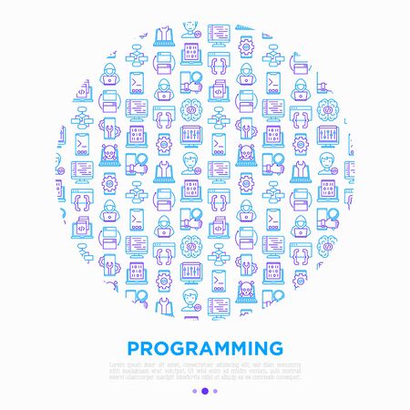 Programming concept in circle with thin line icons: developer, code, algorithm, technical support, program setup, porting, compilation, app testing, virus. Vector illustration, print media template.のイラスト素材