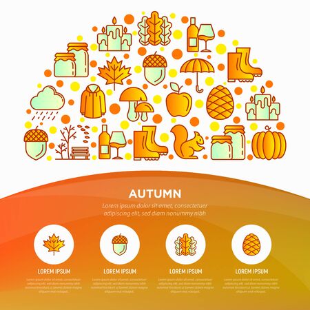 Autumn concept in half circle with thin line icons: maple, mushrooms, oak leaves, apple, pumpkin, umbrella, rain, candles, rubber boots, raincoat, squirrel. Vector illustration, print media template.のイラスト素材