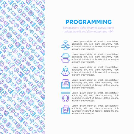 Programming concept with thin line icons: developer, code, algorithm, technical support, program setup, porting, compilation, app testing, virus, optimization. Vector illustration, web page templateのイラスト素材