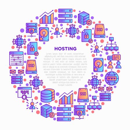 Hosting concept in circle with thin line icons: VPS, customer support, domain name, automated backup, SSD, control panel, secure server, local network, SSL. Vector illustration for banner, print mediaのイラスト素材