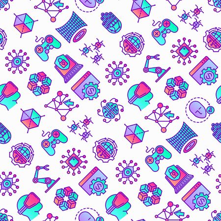 Cyber technology seamless pattern with thin line icons: ai, virtual reality glasses, bionics, robotics, global network, computer game, microprocessor, nano robots, blockchain. Vector illustration.のイラスト素材