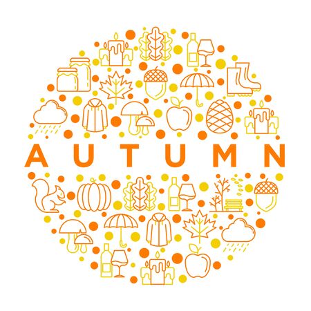 Autumn concept in circle with thin line icons: maple, mushrooms, oak leaves, apple, pumpkin, umbrella, rain, candles, acorn, rubber boots, raincoat, squirrel. Vector illustration, print media templateのイラスト素材