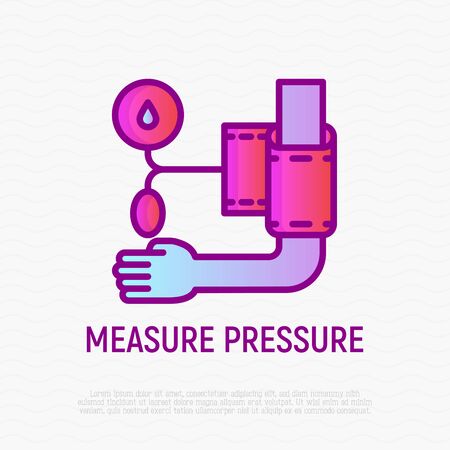 Measure pressure thin line icon: tonometer on hand. Modern vector illustration of medical procedure.のイラスト素材