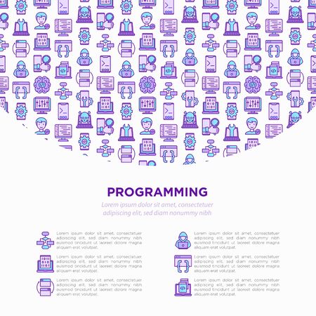 Programming concept with thin line icons: developer, code, algorithm, technical support, program setup, porting, compilation, app testing, optimization. Vector illustration, print media template.のイラスト素材