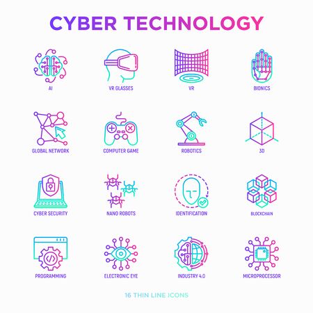 Cyber technology thin line icons set: ai, virtual reality glasses, bionics, robotics, global network, computer game, microprocessor, nano robots, blockchain, electronic eye. Vector illustration.のイラスト素材
