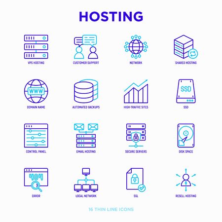 Hosting thin line icons set: VPS, customer support, domain name, automated backup, SSD, control panel, secure server, local network, SSL. Modern vector illustration.のイラスト素材