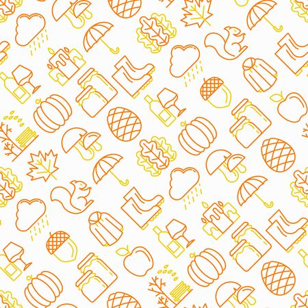 Autumn seamless pattern with thin line icons: maple, mushrooms, oak leaves, apple, pumpkin, umbrella, rain, candles, acorn, rubber boots, raincoat, pinecone, squirrel. Modern vector illustration.