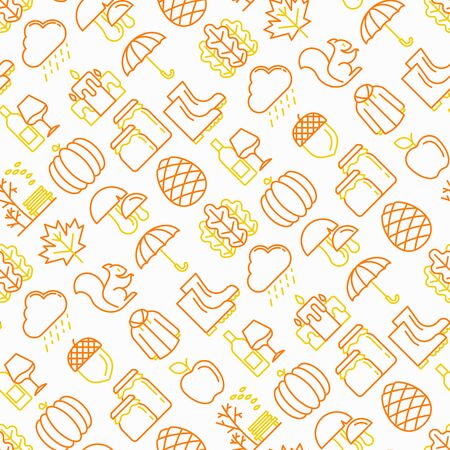 Autumn seamless pattern with thin line icons: maple, mushrooms, oak leaves, apple, pumpkin, umbrella, rain, candles, acorn, rubber boots, raincoat, pinecone, squirrel. Modern vector illustration.のイラスト素材
