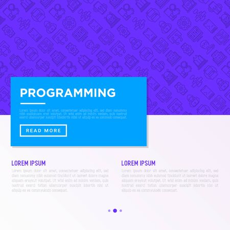 Programming concept with thin line icons: developer, code, algorithm, technical support, program setup, porting, compilation, app testing, optimization. Vector illustration, print media template.のイラスト素材