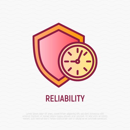 Reliability thin line icon: shield with clock. Symbol of support. Modern vector illustration.のイラスト素材