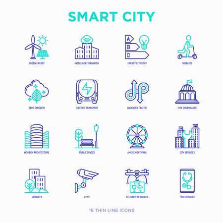 Smart city thin line icons set: green energy, intelligent urbanism, efficient mobility, zero emission, electric transport, balanced traffic, public spaces, CCTV, telemedicine. Vector illustration.のイラスト素材