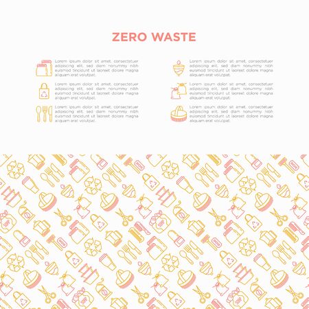 Zero waste concept with thin line icons: menstrual cup, safety razor, glass jar, natural deodorant, hand coffee grinder, french press, metal scissors, body brush, wooden comb. Vector illustration.のイラスト素材