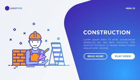 Construction concept with thin line icons: builder in helmet, brickwork, trowel, stepladder. Vector illustration, web page template.のイラスト素材
