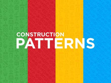 Four different Construction seamless patterns with thin line icons: builder in helmet, work tools, brickwork, floor plan, plumbing, drill, trowel, traffic cone, stepladder. Vector illustration.のイラスト素材