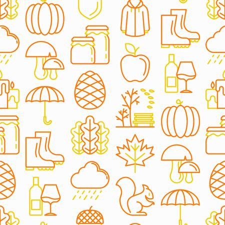 Autumn seamless pattern with thin line icons: maple, mushrooms, oak leaves, apple, pumpkin, umbrella, rain, candles, acorn, rubber boots, raincoat, pinecone, squirrel. Modern vector illustration.のイラスト素材