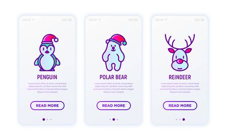 Christmas concept with thin line icons: reindeer, polar bear in hat, penguin. Modern vector illustration.のイラスト素材