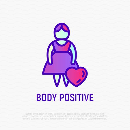 Body positive thin line icon: woman size plus with heart. Modern vector illustration.のイラスト素材