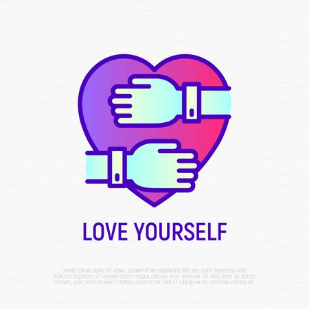 Love yourself thin line icon: hands hug heart. Modern vector illustration of selfcare and self acceptance.のイラスト素材