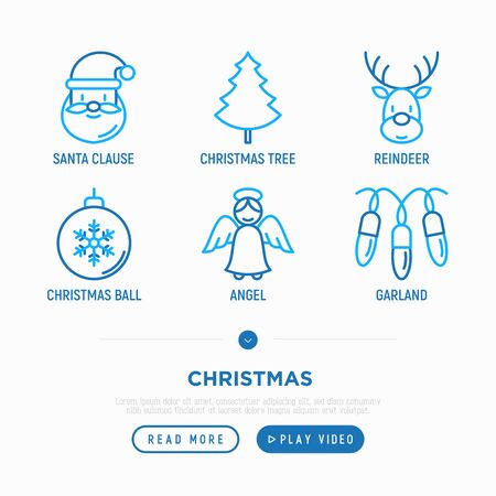Christmas thin line icons set: Santa Claus, Christmas tree, reindeer, ball, angel, garland. Modern vector illustration.のイラスト素材